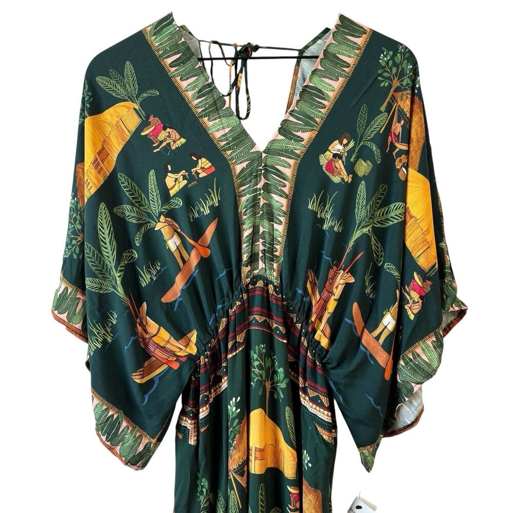 Farm‎ Rio Womens Dress Green Medium Yawanawa Indigenous Hut Print Rare Viscose - Picture 5 of 15